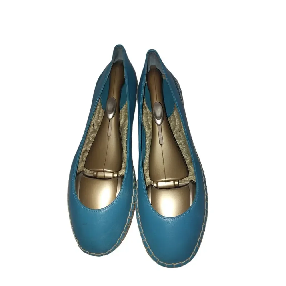 Cole Haan Teal Blue Leather Espadrille Flats Jute Sole Comfort Ballet Womens 8.5